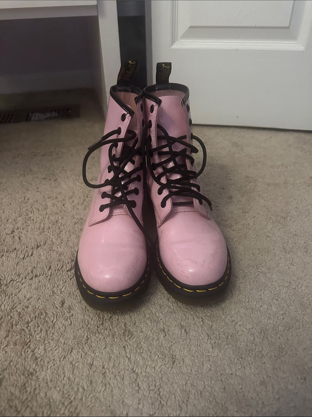 Pink Lace-Up Glossy Women's Combat Boots